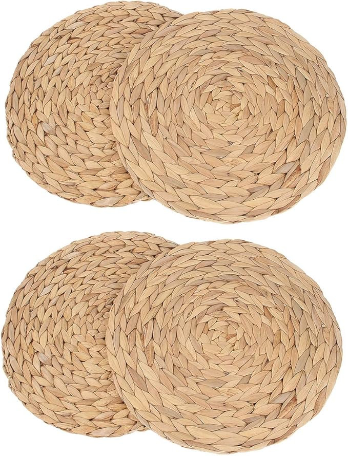 kilofly Natural Water Hyacinth Weave Placemat Round Braided Rattan Tablemats 13.5 inch x 4pc | Amazon (US)