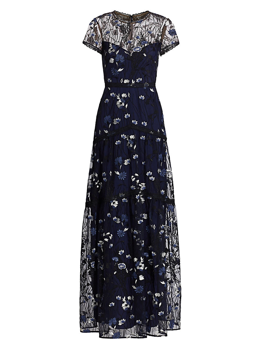 Women's Floral Embroidered Mesh Gown - Navy Multi - Size 0 | Saks Fifth Avenue