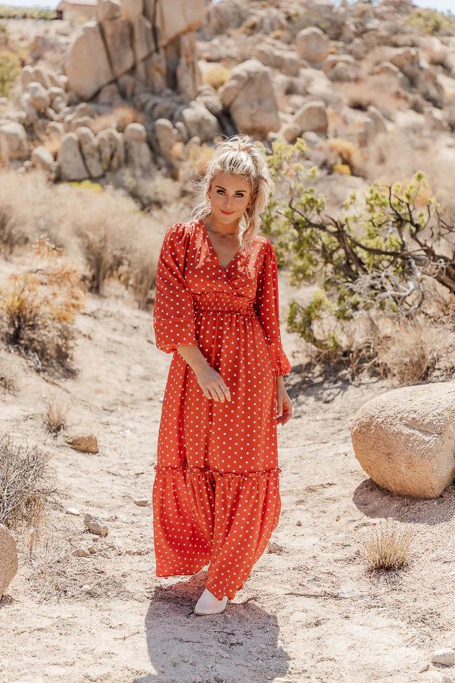 Gather Your Thoughts Rust Polka Dot Smocked Waist Maxi Dress | Pink Lily