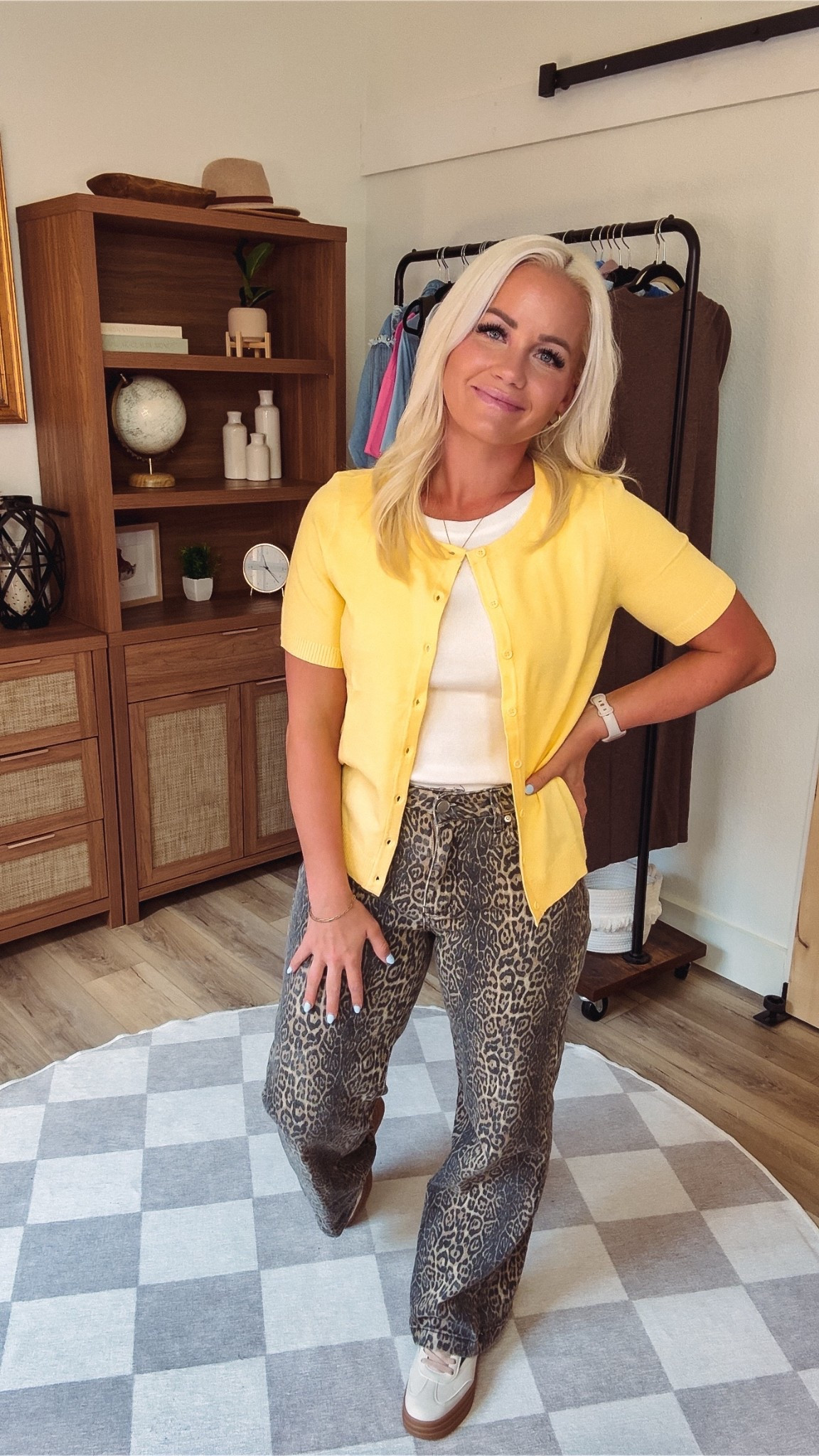 Today’s OOTD: leopard pants paired with a crisp white tank, topped with a yellow short-sleeved sweater and classic sneakers. I added my tiny tags necklace for a personal touch. Love how this look is bold, comfy, and easy for everyday adventures!

#LTKStyle #OOTD #LeopardPrint #CasualChic #LayeringLooks #AccessoryInspo 

 #LTKFindsUnder50 #LTKStyleTip #LTKWorkwear
