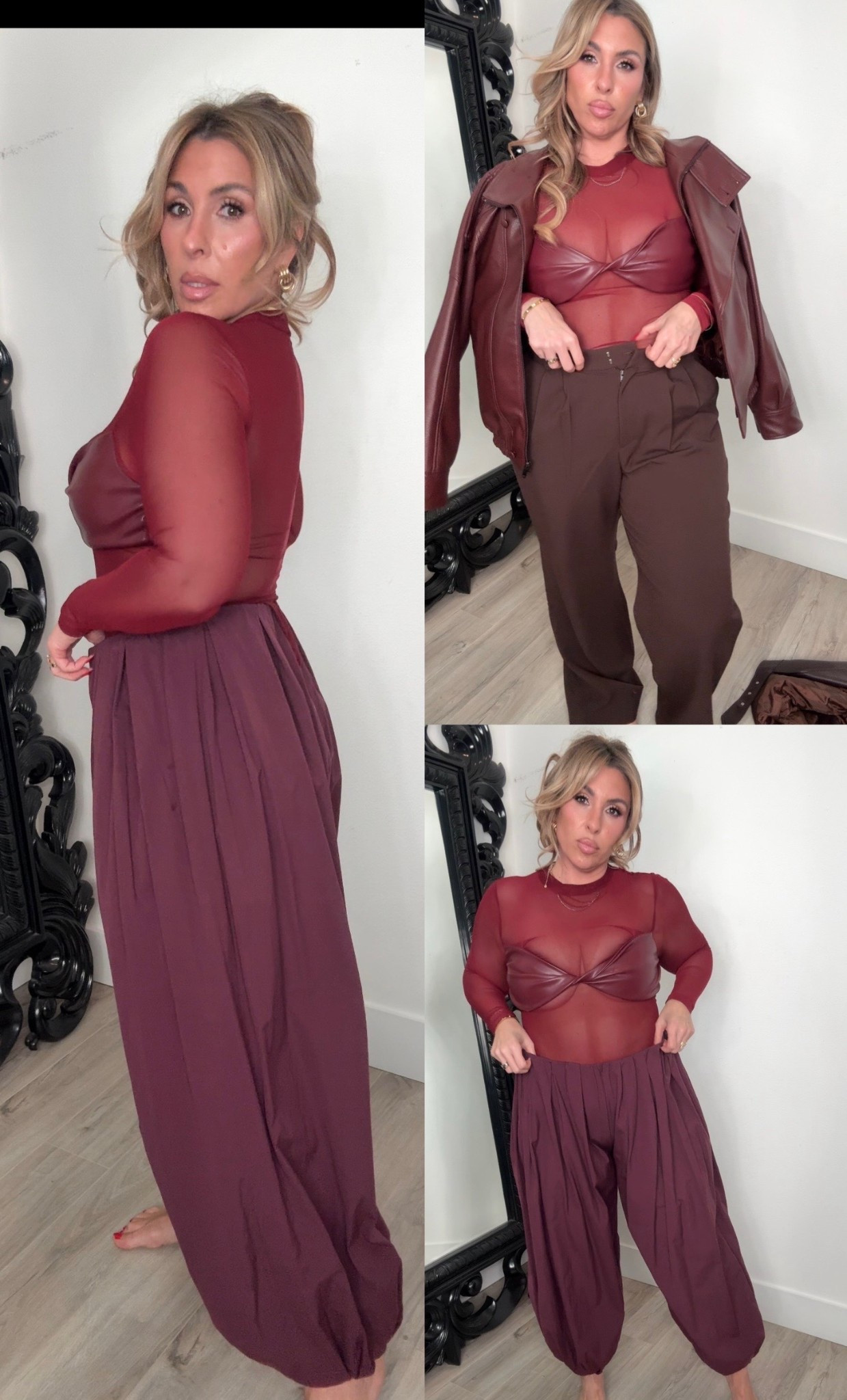 Top fashion nova search their size for “Best Of Luck Long Sleeve Twist Mesh Bodysuit - Burgundy” size L (would have preferred XL). Also linked an amazon version with more coverage. 

Asos balloon pants size M (run big size down) 
Abercrombie trousers 32L in the curve love (color dark coffee) also linked the burgundy.  
Burgundy Jacket L


#LTKFindsUnder50 #LTKMidsize #LTKootd