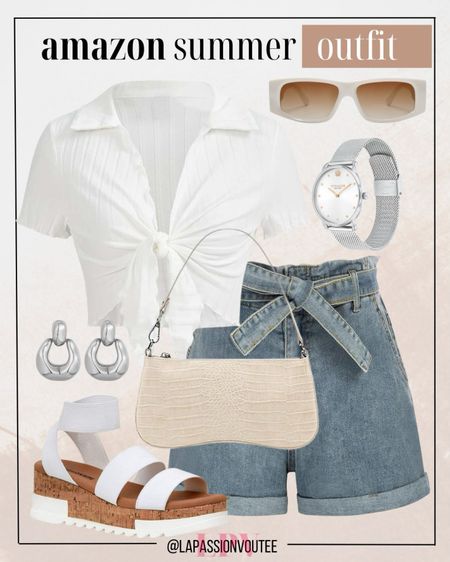 Effortlessly cool vibes await with our summer essentials: a playful tie-front crop shirt paired with denim shorts, accessorized with hoop earrings, a stylish watch, sunglasses, a chic shoulder handbag, and comfy cork wedge sandals.

#LTKfindsunder100 #LTKSeasonal #LTKstyletip