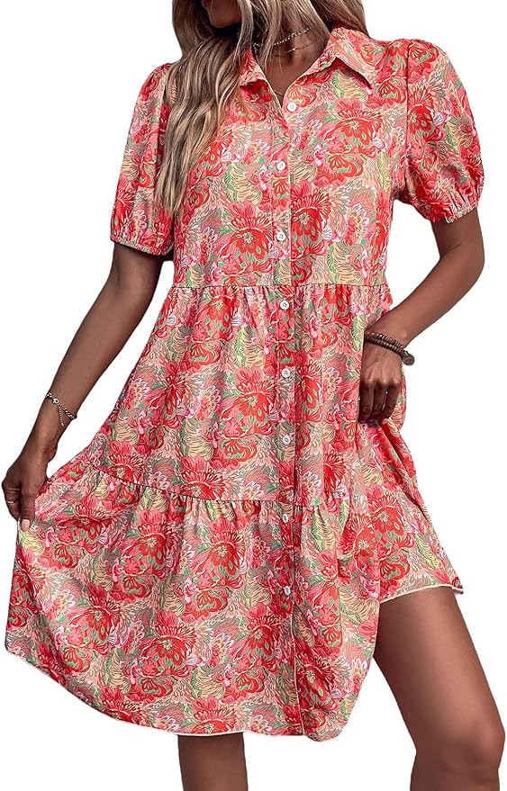 MakeMeChic Women's Allover Print Puff Sleeve Button Front Ruffle Mini Shift Dress | Amazon (US)