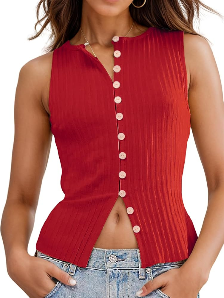 Women Button Down Shirts Tank Top Ribbed Summer Trendy Vest Tops Button Up Open Front Shirt Sleev... | Amazon (US)