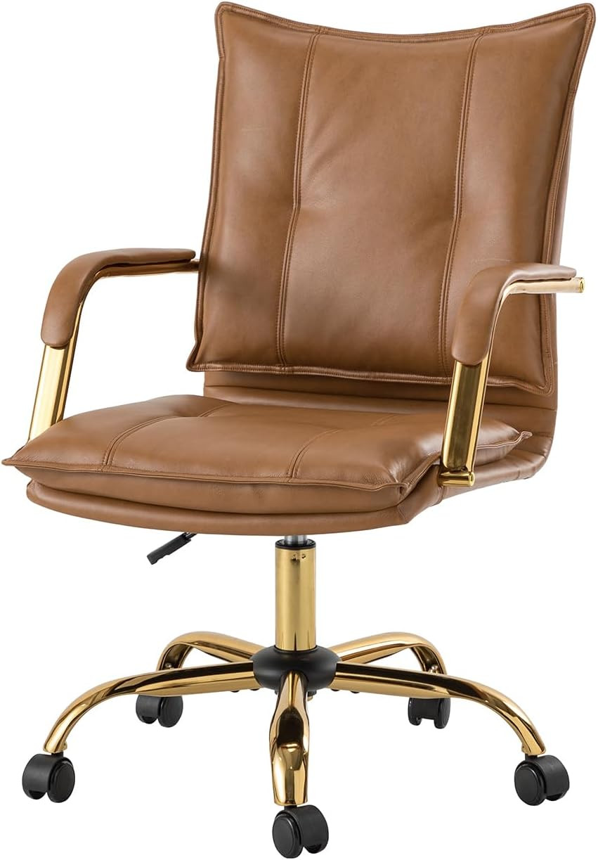 HULALA HOME Camel Office Chair | Faux Leather | Adjustable | Golden Legs | Arms | Swivel | Task C... | Amazon (US)