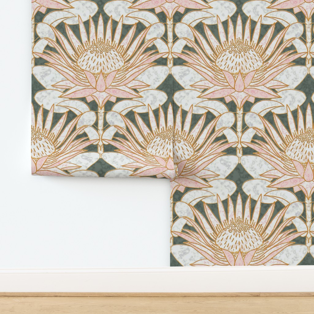 Rose King Protea Art Deco (Green Smoke) XL Wallpaper | Spoonflower | Spoonflower