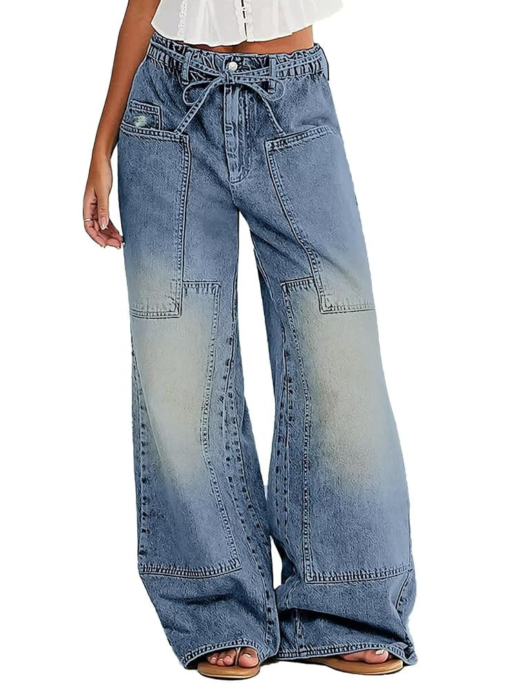 Flamingals Wide Leg Jeans for Women Drawsting Mid Waist Baggy Jeans Belted Wash Stitch Detai Trou... | Amazon (US)