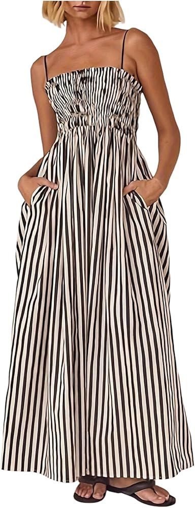 SOLY HUX Women's Summer Striped Maxi Dress Spaghetti Strap Shirred A Line Flowy Long Cami Dresses... | Amazon (US)