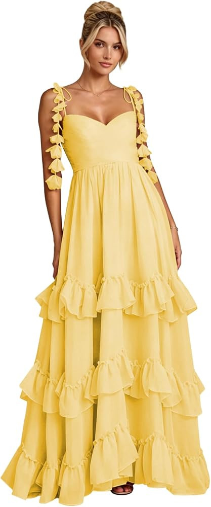 Spaghetti Strap Ruffles Prom Dress Chiffon 3D Floral Ruched Bridesmaid Dresses Sweetheart Wedding... | Amazon (US)