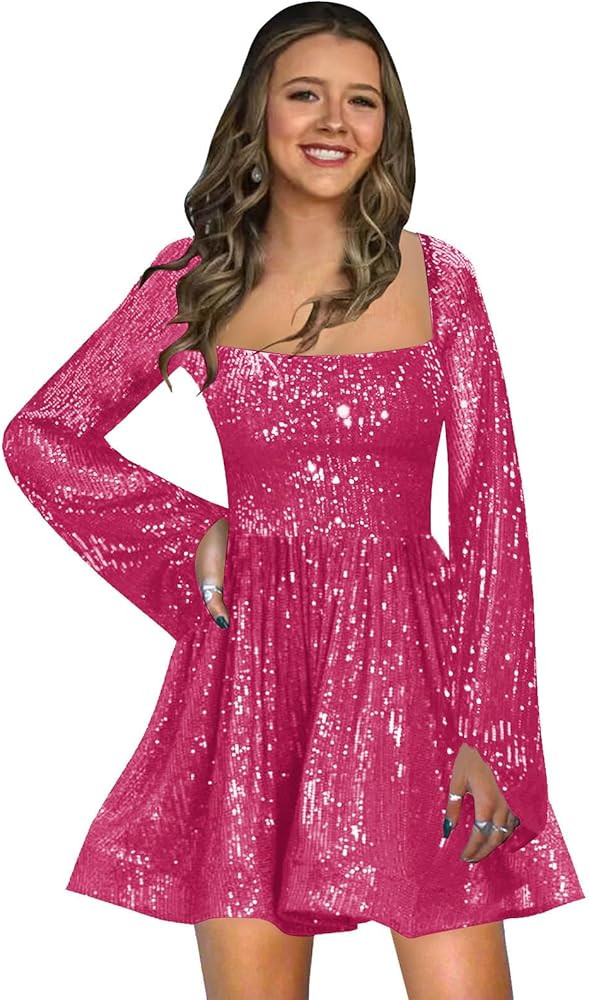 Sparkly Sequin Homecoming Dresses for Teens Long Sleeve A Line Square Neck Short Mini Cocktail Pa... | Amazon (US)