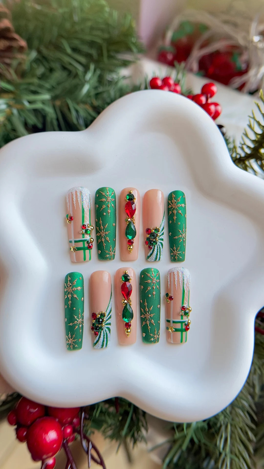 Elegant Holiday Green Nails, Kawaii Candy Cane, Glue on Nails and Reusable Nails, Press on Nails ... | Etsy (US)