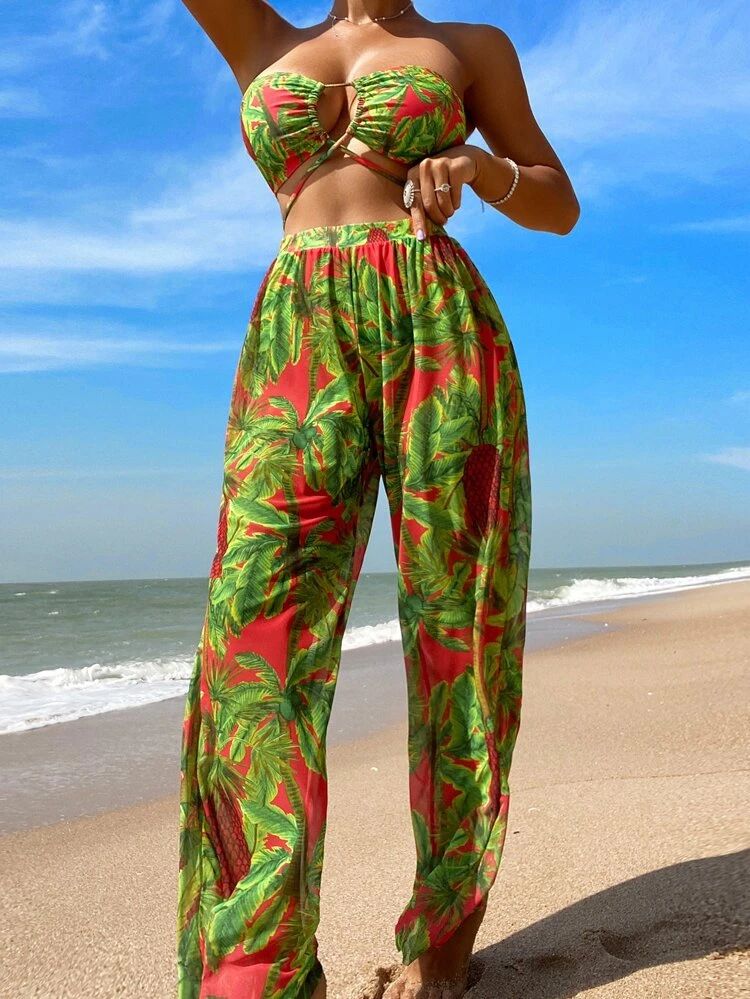 Tropical Print Bandeau Bikini Swimsuit With Beach Pants | SHEIN