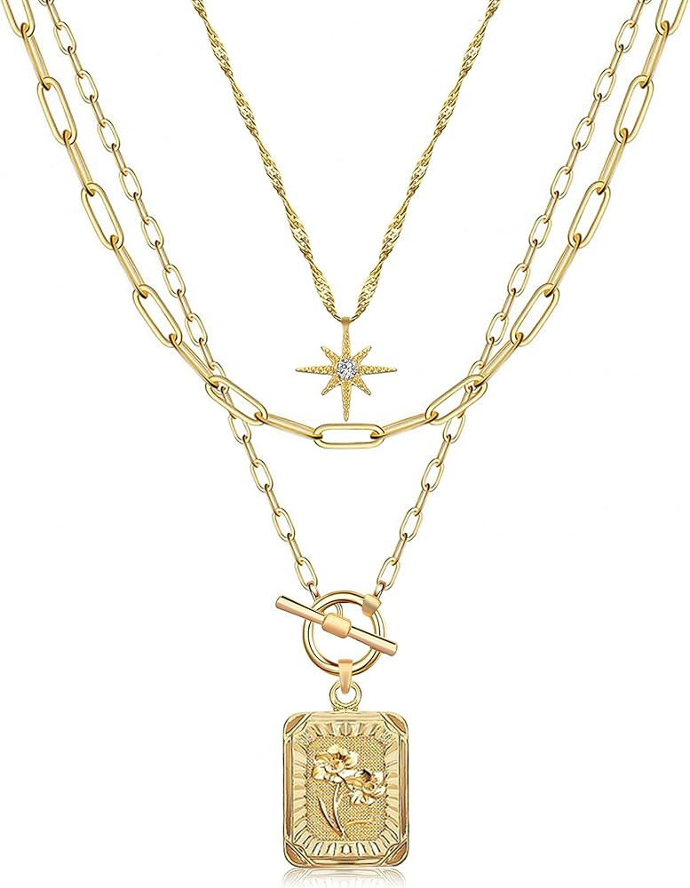 MJartoria Layered Necklaces for Women Trendy, 14K Gold Plated Brass Simple Star Choker Square Flo... | Amazon (US)