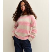 Girls' Pink and Cream Fluffy Striped Jumper New Look | New Look (UK)