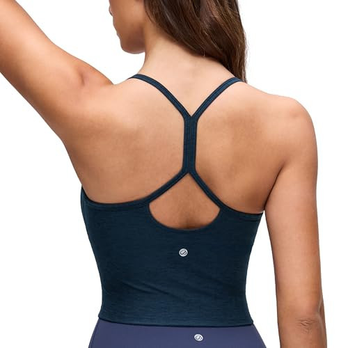CRZ YOGA Cut-Out Y Back Crop Tank Tops for Women - Scoop Neck Spaghetti Strap Racerback Yoga Longline Sports Bra Non Padded Real Navy Large | Amazon (US)