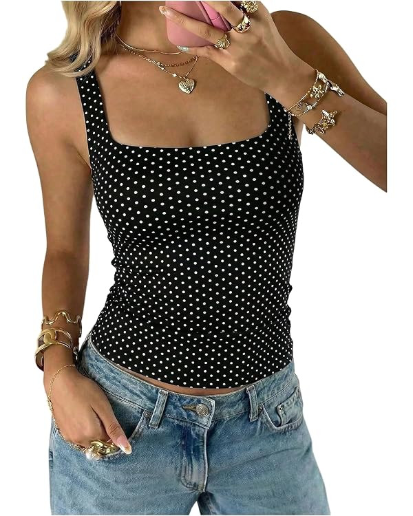 MakeMeChic Women's Polka Dots Square Neck Crop Tank Top Y2k Sleeveless Fitted Summer Going Out To... | Amazon (US)