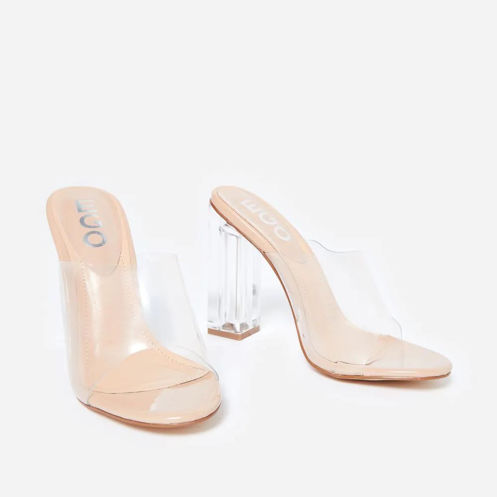 Fusion Peep Toe Perspex Block Clear Heel Mule In Nude Patent | EGO Shoes (US & Canada)