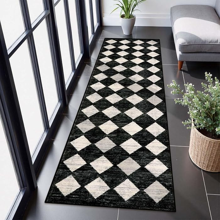 Lahome Moroccan Trellis Runner Rug - 2x8 Black Hallway Runner Rug with Rubber Backing, Checkered ... | Amazon (US)