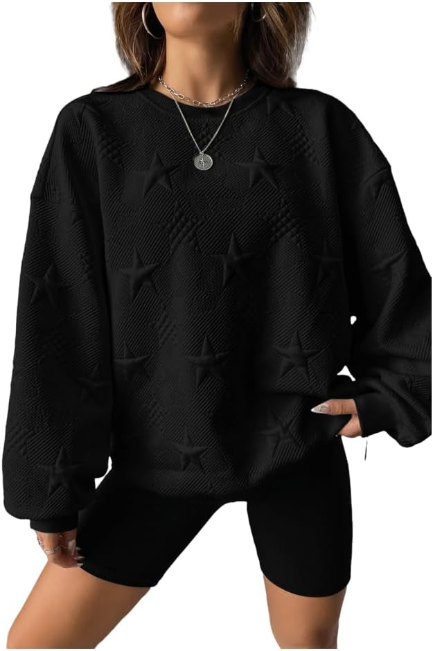 Yueary Women's Solid Round Neck Fluffy Long-Sleeve Sweater Star Patterned Lightweight Basic Casua... | Amazon (CA)