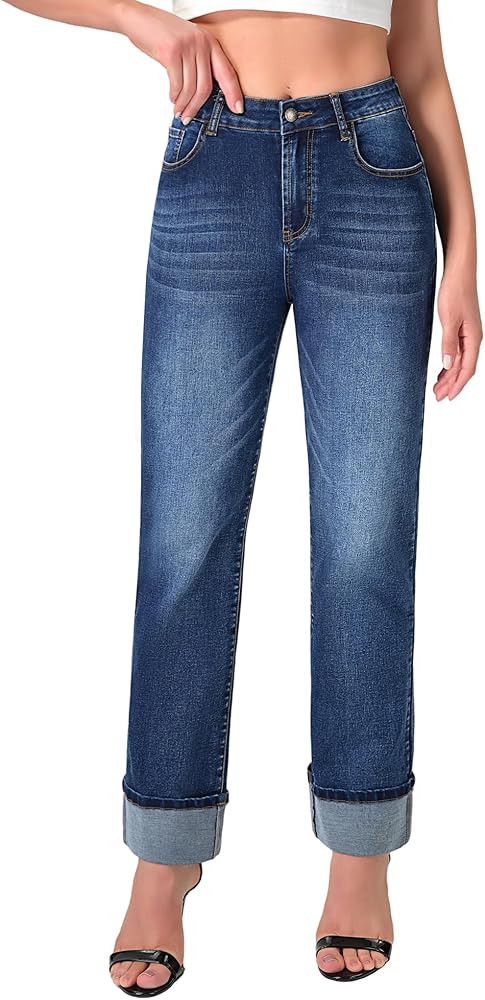 roswear Women’s Straight Leg Jeans High Waisted Boyfriend Stretchy Cuffed Denim Pants | Amazon (CA)