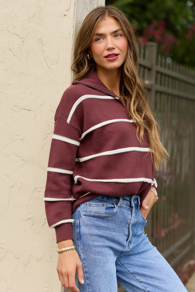 Sunday Stripe Club Chocolate And Ivory Quarter Zip S | Pink Lily