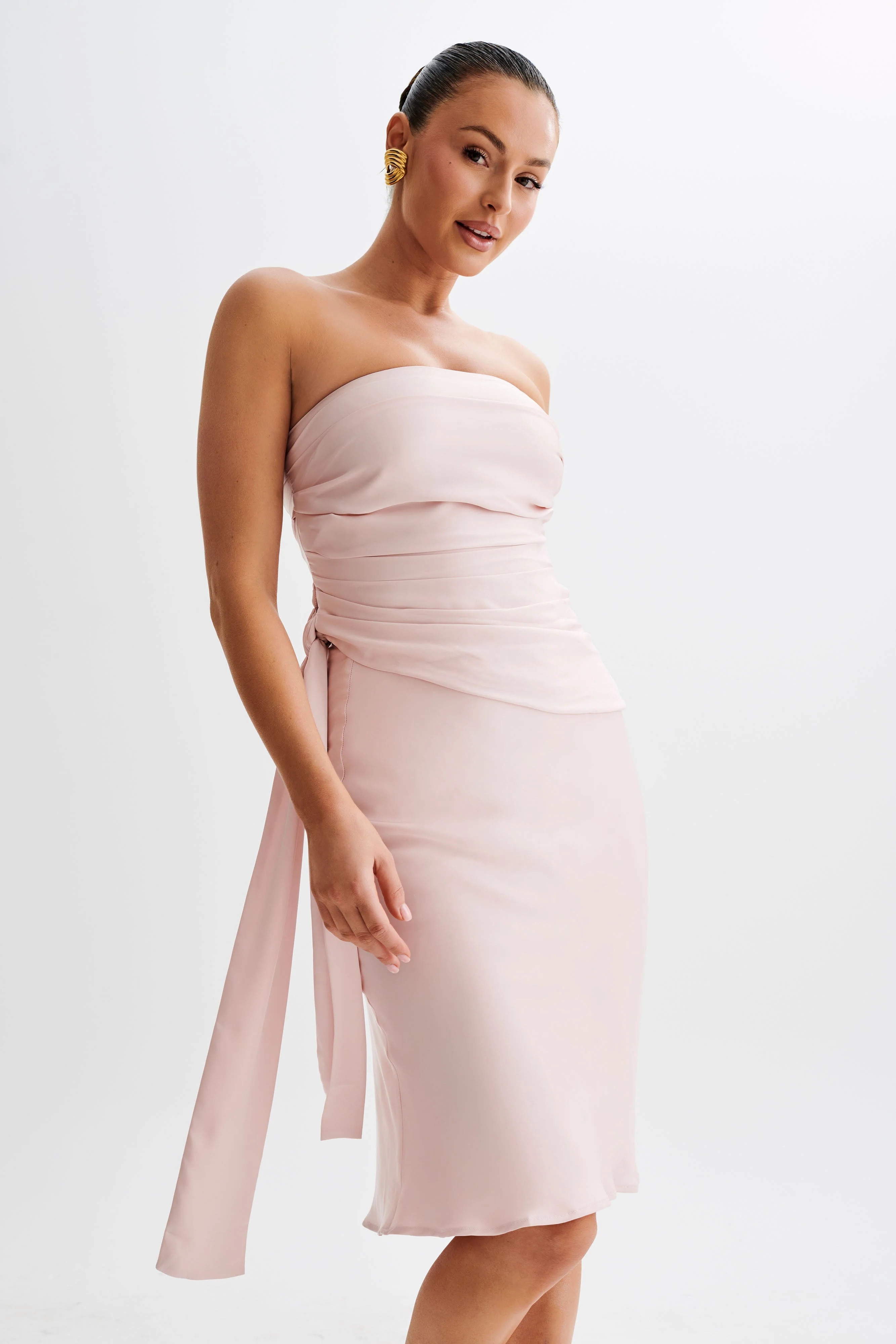 Allegra Satin Ruched Strapless Top - Pale Pink | Meshki (APAC)