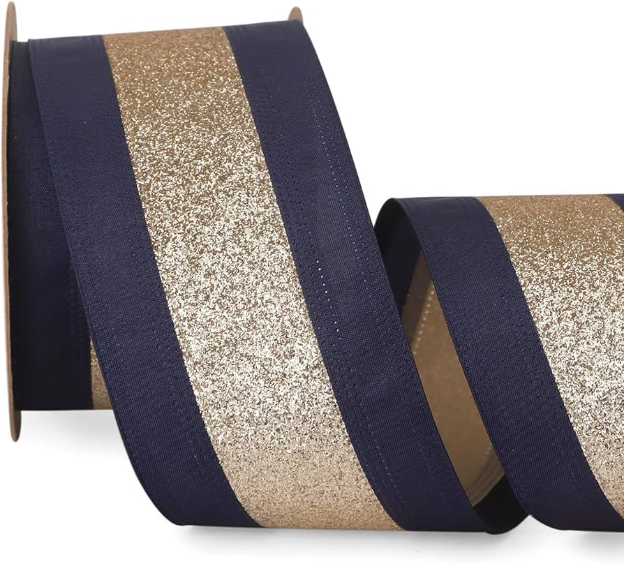 Ribbli Navy Wired Ribbon Satin with Champagne Gold Glitter 2.5 Inch Christmas Ribbon for Tree Gif... | Amazon (US)