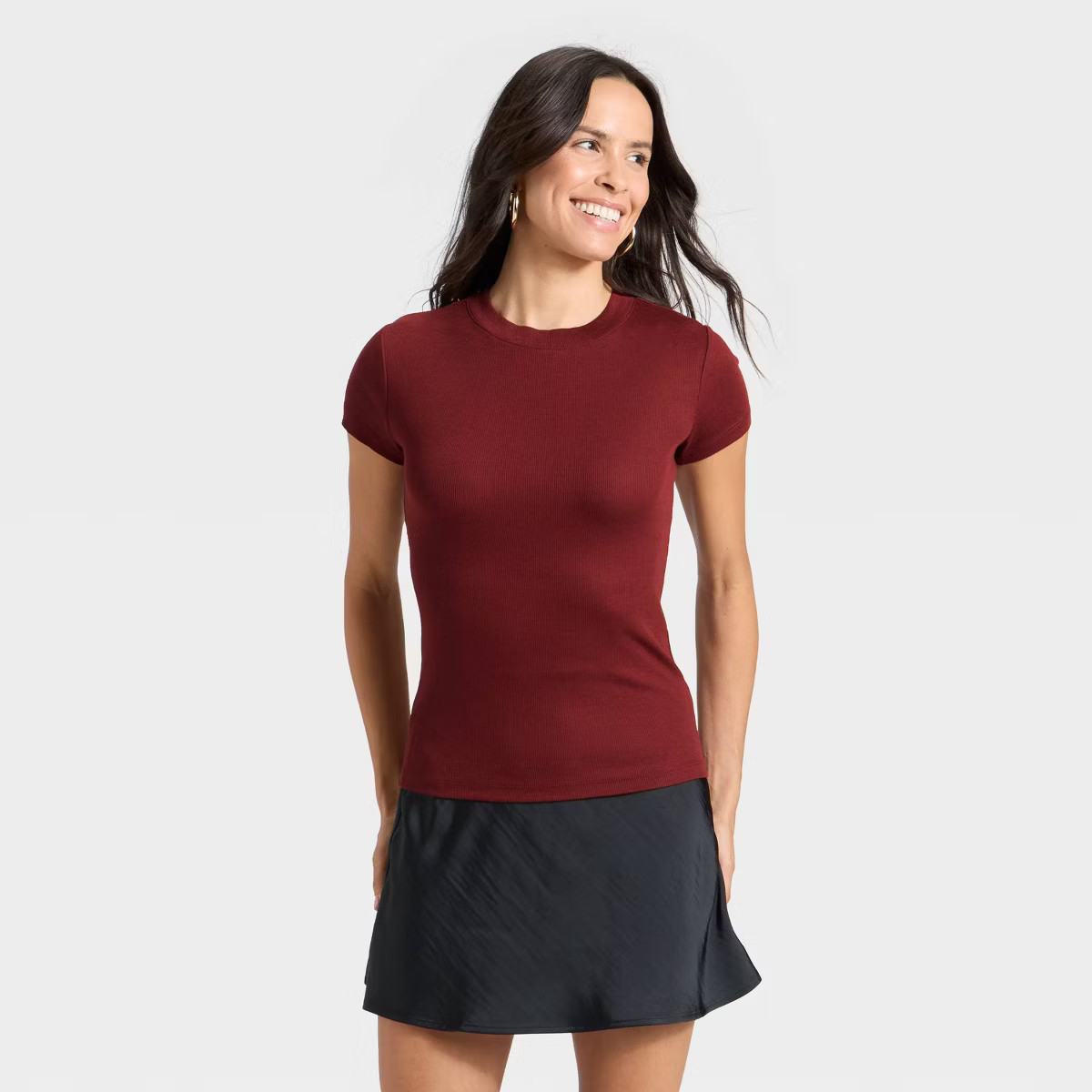Women's Slim Fit Short Sleeve Ribbed T-Shirt - A New Day™ Maroon XS | Target