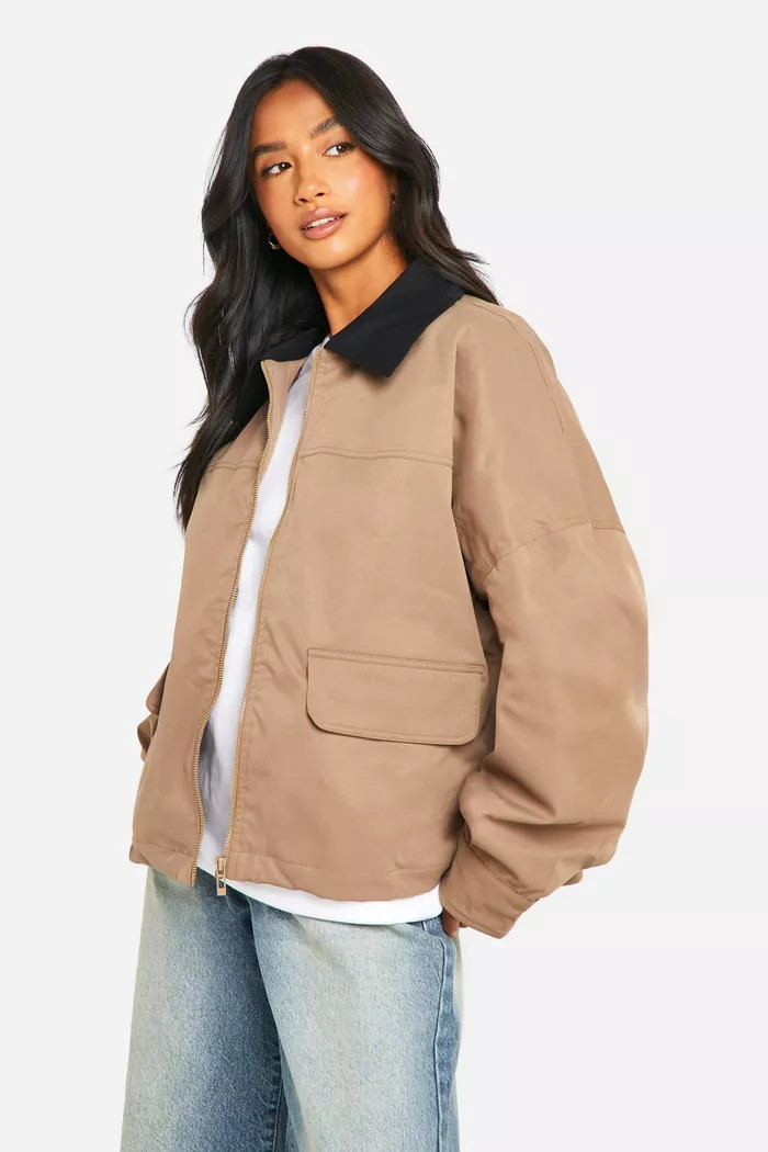 Petite Contrast Collar Oversized Harrington Jacket | boohoo (US & Canada)