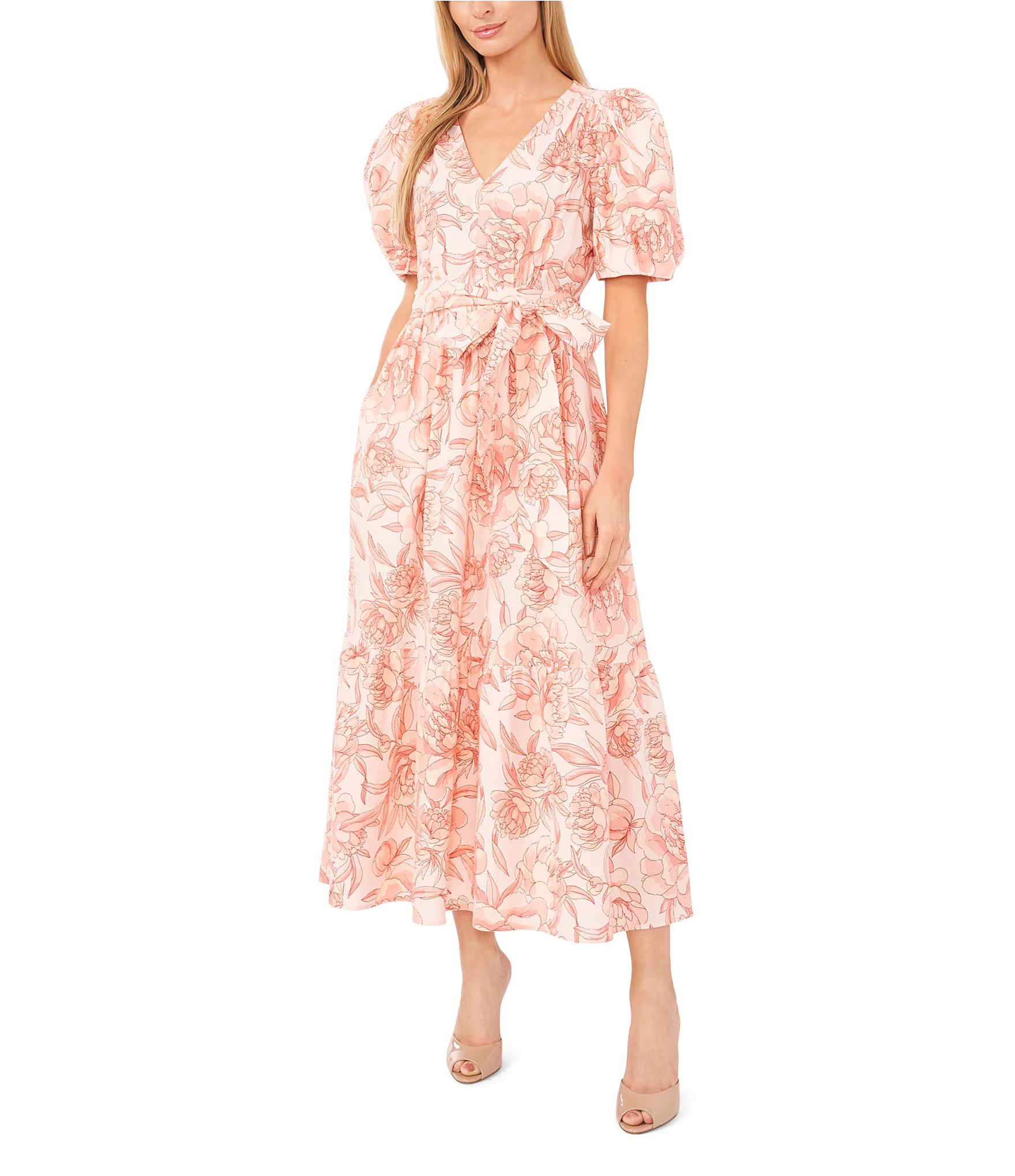 Linen Floral Print V-Neck Short Puff Sleeve Belted A-Line Dress | Dillard's