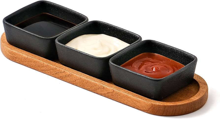 YJR Chip and Dip Serving Set, 3 pcs Ceramic Dipping Bowls with Wooden Tray, 3.5 Inch Small Servin... | Amazon (US)
