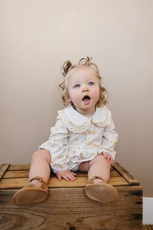Yellow Floral Button Bubble Romper | Mebie Baby