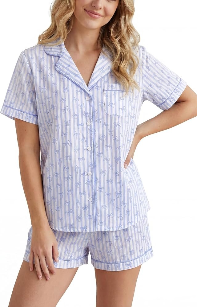 LUBOT 100% Cotton Pajamas for Women 2 Piece PJ Set Woven Poplin Ladies Button Down Short Sleeve S... | Amazon (US)