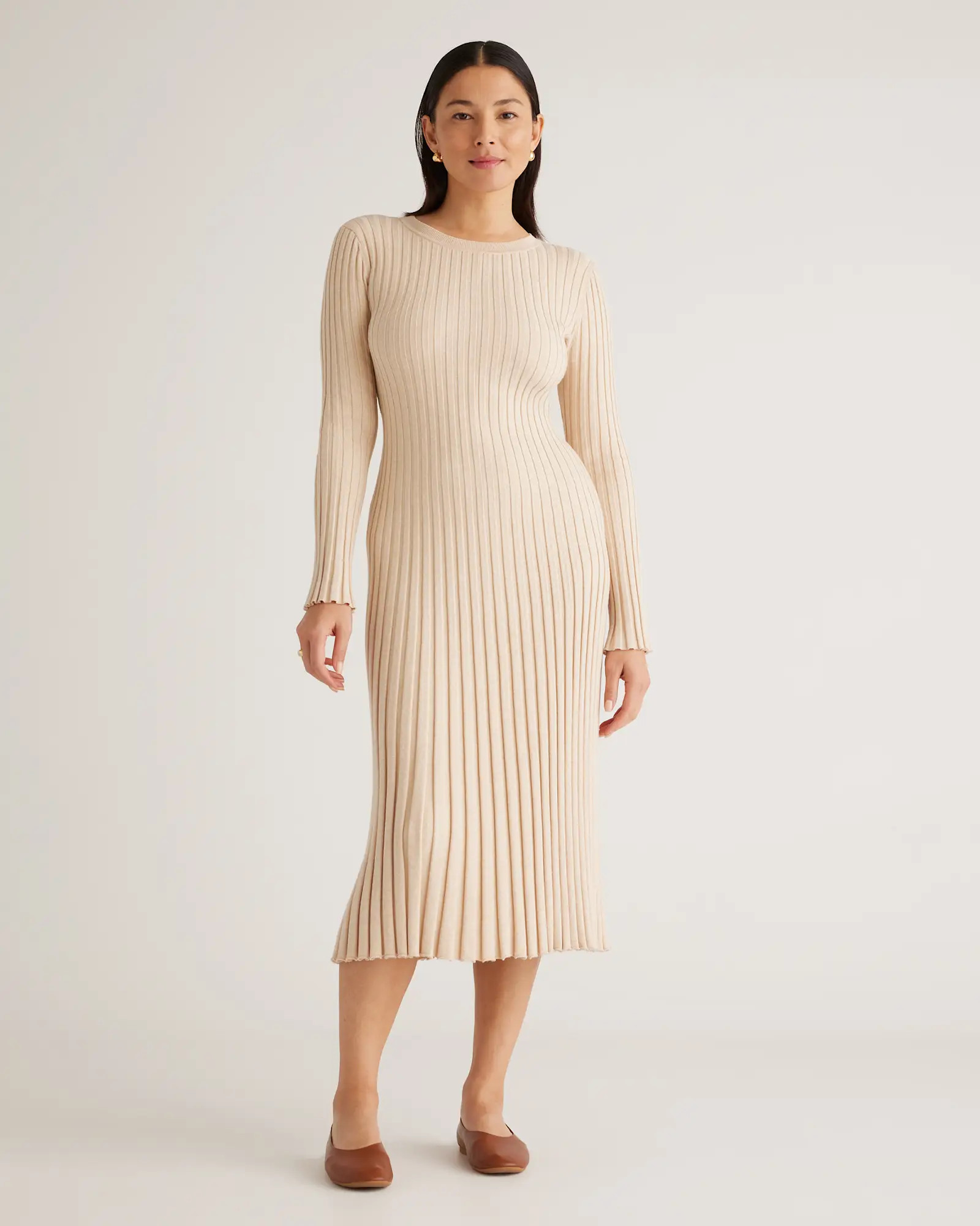 Cotton Cashmere Ribbed Long Sleeve Crew Midi Dress | Quince