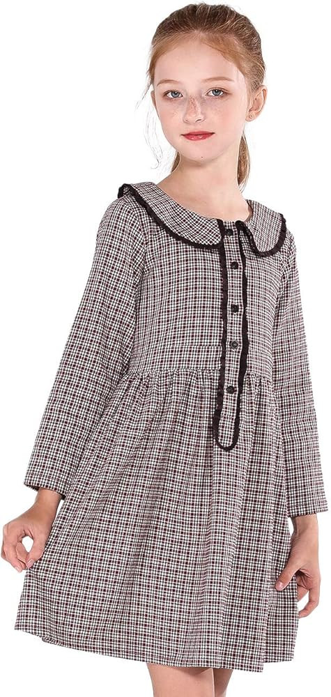 SOLOCOTE Girls Plaid Dress Cotton Casual Spring Long Sleeve Dresses Peter Pan Collar 3-14Y | Amazon (US)