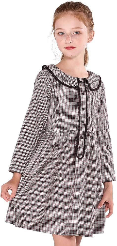 SOLOCOTE Girls Plaid Dress Cotton Casual Spring Long Sleeve Dresses Peter Pan Collar 3-14Y | Amazon (US)