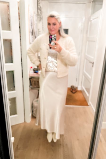 Ootd - Tuesday (Christmas). Apologies for the blurry picture but the camera would not focus on the sequins. Sequined top, bouclé cardigan, CC brooch and a champagne satin maxi skirt paired with beige booties. 

#LTKgift 

LTKFestiveSaleNL #LTKparties #LTKHoliday
