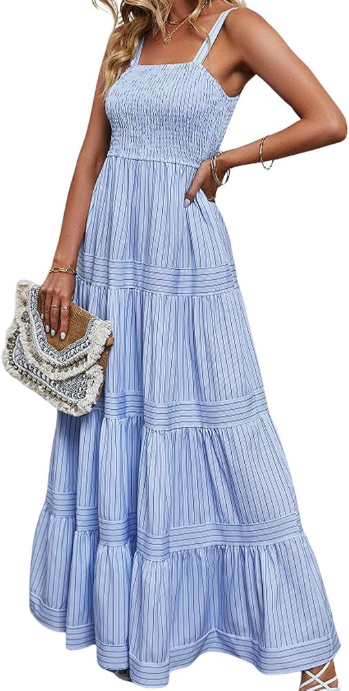 Women's Summer Maxi Dress Casual Striped Sleeveless Spaghetti Strap Smocked Tiered Long Sundress | Amazon (US)