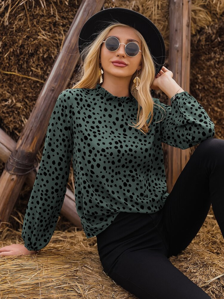 Frill Neck Lantern Sleeve Dalmatian Top | SHEIN