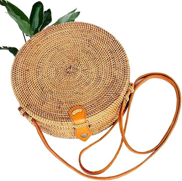 Kbinter Handwoven Round Rattan Straw Bag for Women Shoulder Leather Button Straps Natural Chic Ha... | Amazon (US)