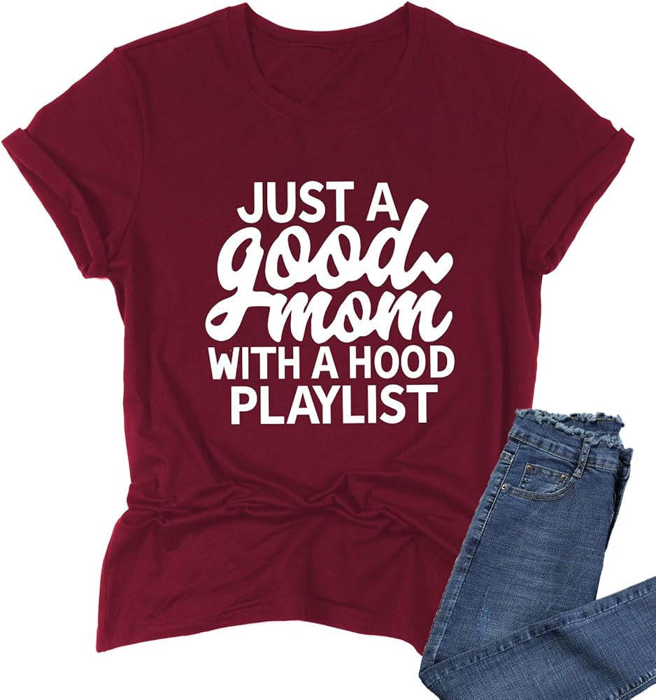 Womens Just A Good Mom with A Hood Playlist T Shirt Cute Funny T-Shirts Graphic Tees Short Sleeve... | Amazon (US)
