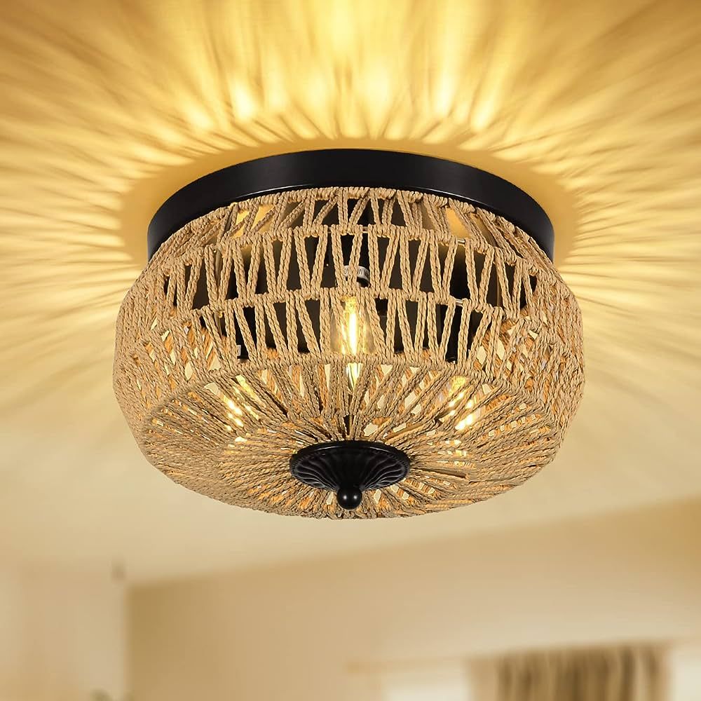 3-Lights Woven Rattan Flush Mount Ceiling Light Fixture with Hand-Worked Cage Shade for Bedroom, ... | Amazon (US)