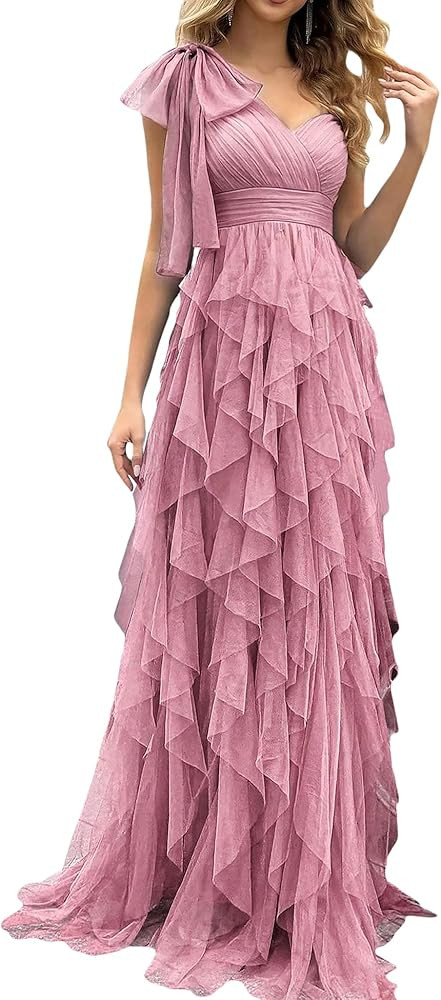 Summer Women Tulle Prom Dress Elegant Bow One Shoulder Slit Evening Party Gown Wedding Guest Brid... | Amazon (US)