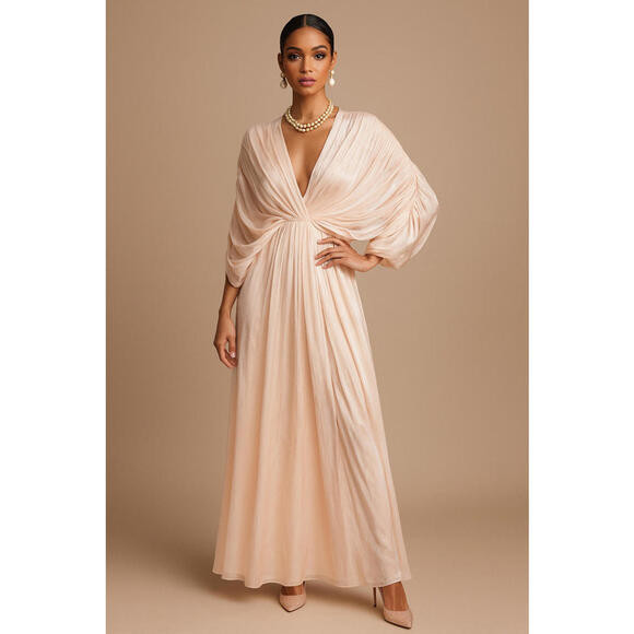 $990 Badgley Mischka Draped Dolman Sleeve Chiffon Gown Modest Champagne sz 4 NWT | Poshmark