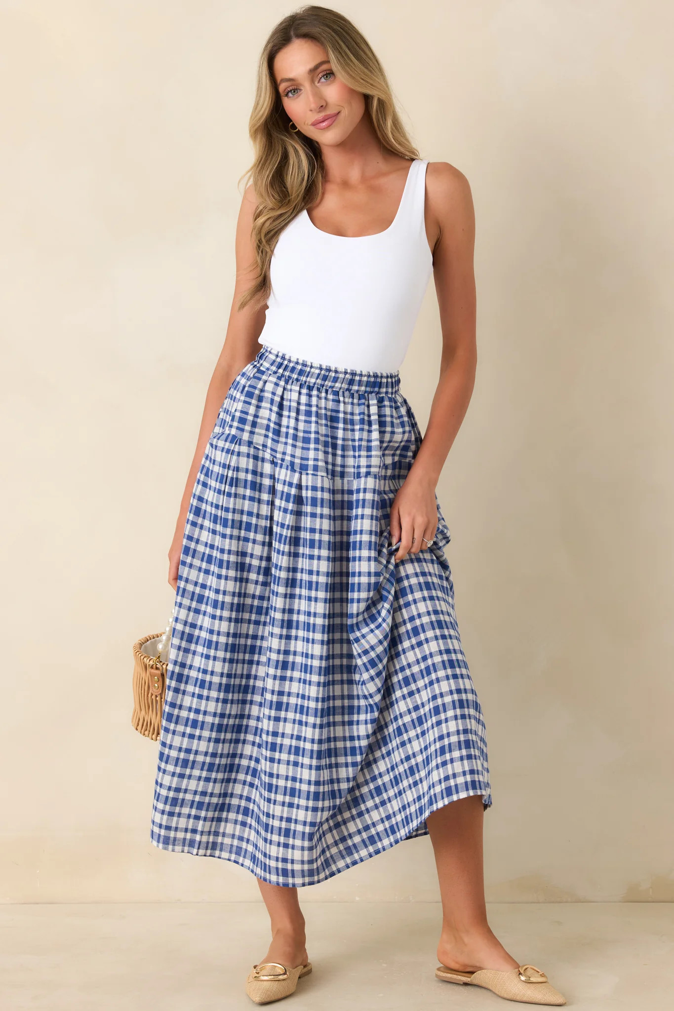 Fresh Air Feelings Blue Gingham Midi Skirt | Red Dress