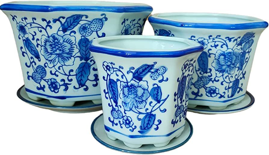 jdzjybqx Small Ceramic Flower Pot Set of 3 Chinese Oriental Blue and White Porcelain Plant Pots w... | Amazon (US)