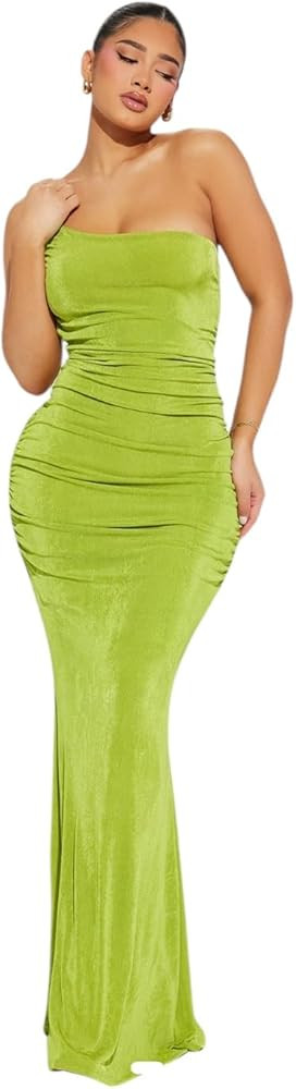 Strapless Ruched Evening Gown, Lime Green, Floor Length, Bodycon Fit | Amazon (US)