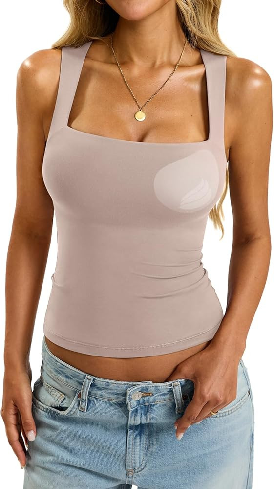 Womens Padded Tank Tops Double Lined Built in Bra Sleeveless Top Square Neck Slim Fitted Summer T... | Amazon (US)