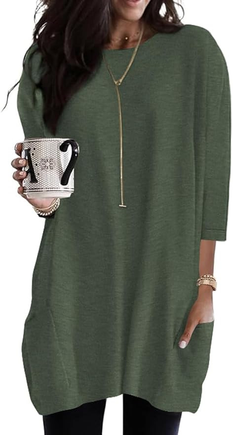 Poetsky Womens 3/4 Sleeve Tunics or Tops to Wear with Leggings Long Shirts Tops with Pockets | Amazon (US)