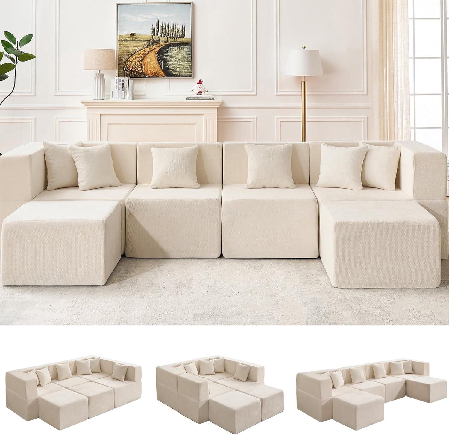 MONVANE 130'' Modular Sectional Cloud Couch for Living Room, 6 Seater Convertible Chenille Couche... | Amazon (US)
